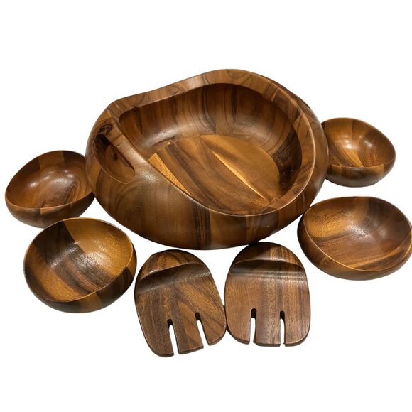 Nambe Pebble Acacia Wood 7-Piece Salad Set – Serving Bowl, 4 Bowls & 2 Servers - Picture 1 of 10